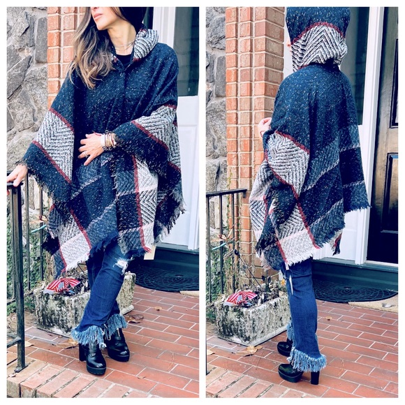48 Boho Fabulous Plaid Hooded Fringed Poncho - Picture 2 of 8